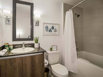 Large soaking tub in bathroom